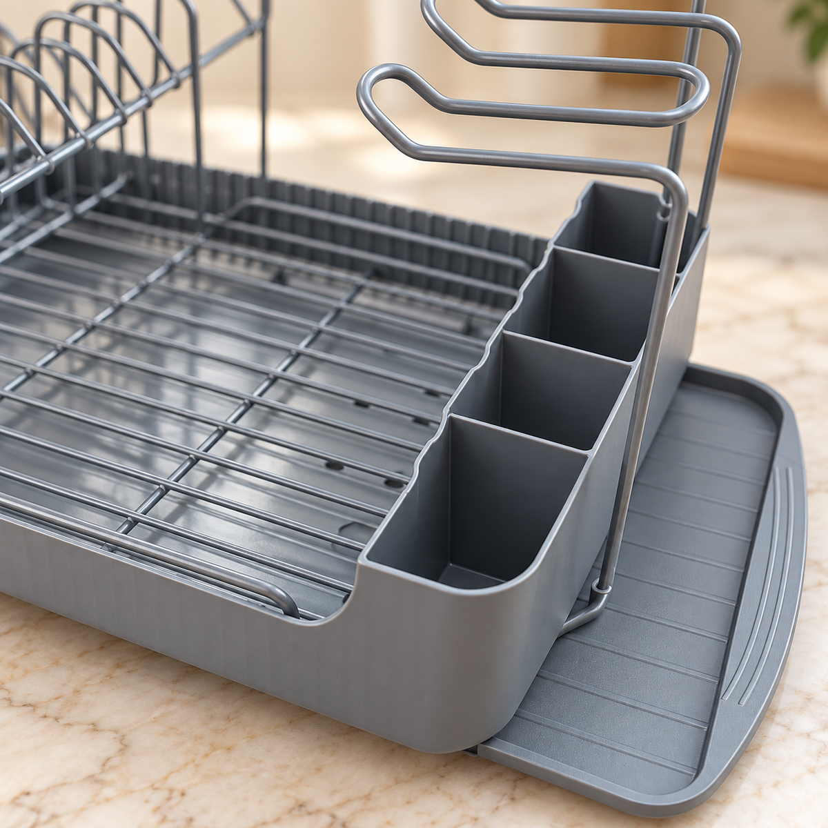 Close view of gray dish rack utensil compartments and tray