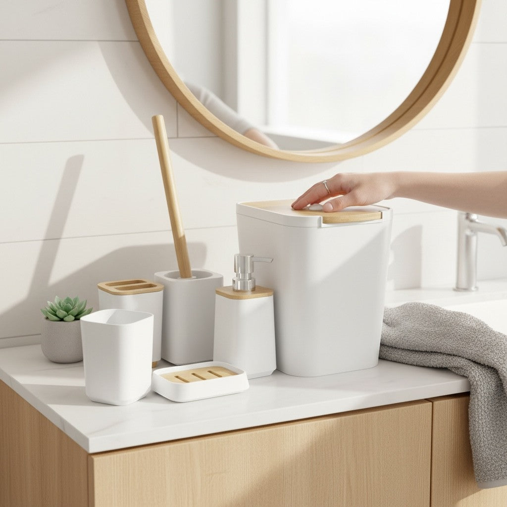 Home Appeal 6-piece white bathroom accessory set with bamboo accents, including trash can, soap dispenser, toothbrush cups, toilet brush holder, and soap dish.