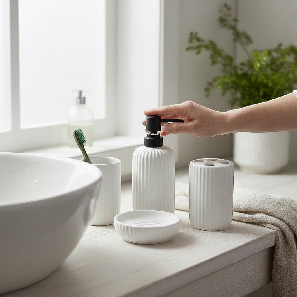 Home Appeal white ribbed bathroom accessory set including soap dispenser, toothbrush holder, cup, and soap dish.