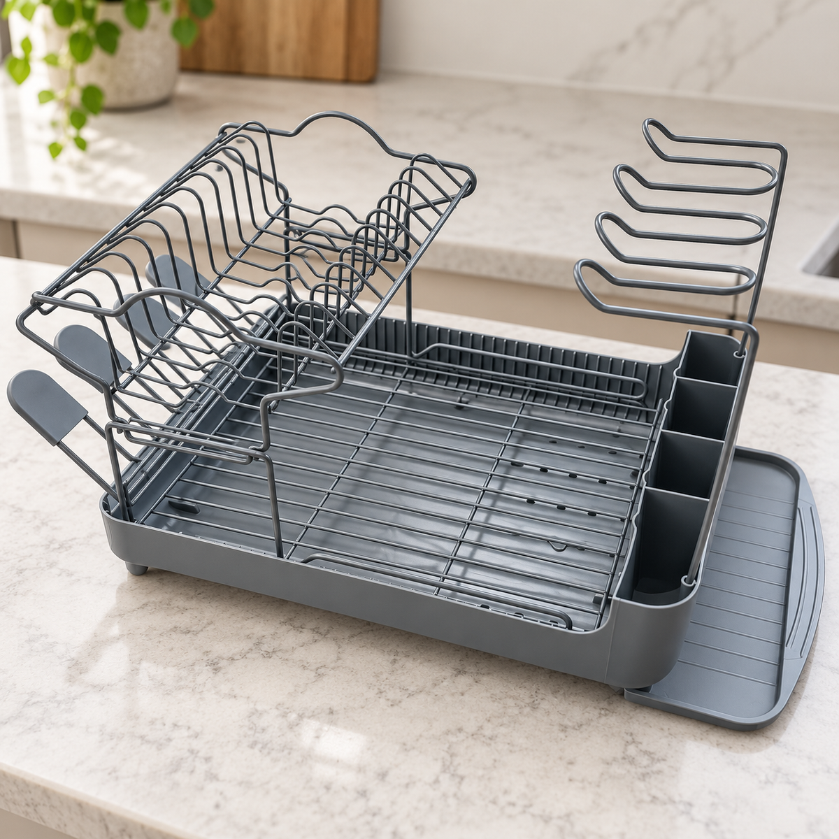 Gray dish drying rack empty on a light kitchen countertop