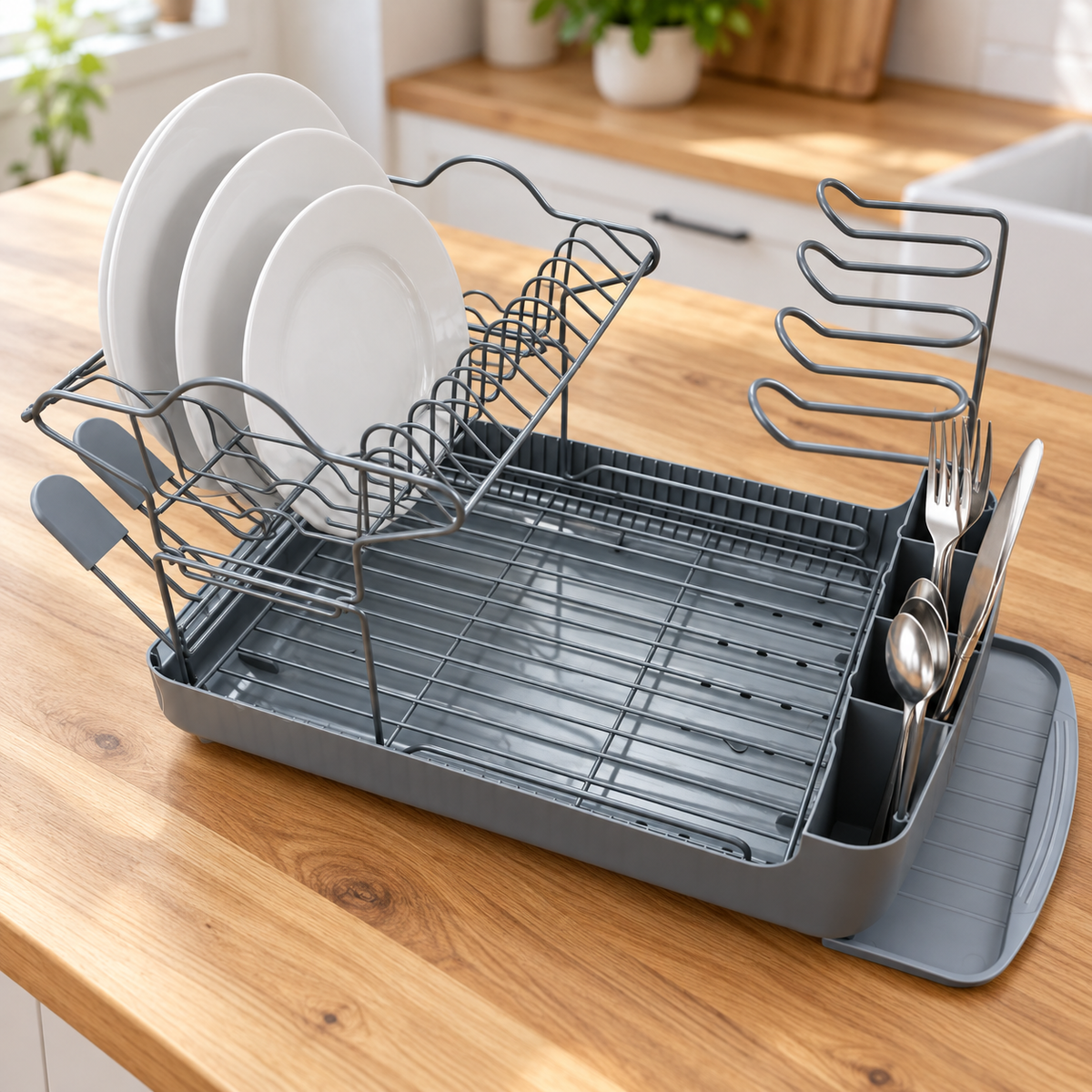 Gray dish rack with white plates and utensils on a wood counter