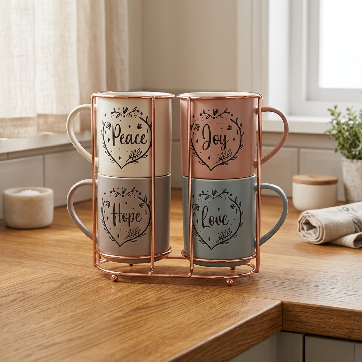 Home Appeal set of 4 ceramic mugs in pastel shades, each featuring a heart design with inspirational words: Peace, Joy, Hope, Love.