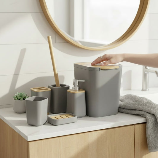 Home Appeal 6-piece grey bathroom accessory set with bamboo accents, including trash can, soap dispenser, toothbrush cups, toilet brush holder, and soap dish.