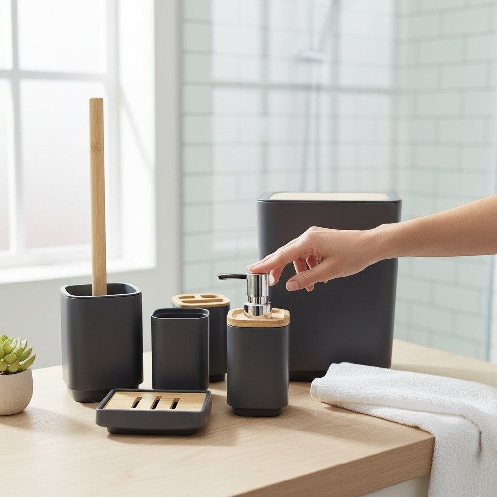 Home Appeal 6-piece dark grey bathroom accessory set with bamboo accents, including a trash can, soap dispenser, toothbrush cups, toilet brush, and soap dish.