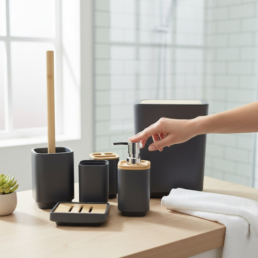 Home Appeal 6-piece dark grey bathroom accessory set with bamboo accents, including a trash can, soap dispenser, toothbrush cups, toilet brush, and soap dish.