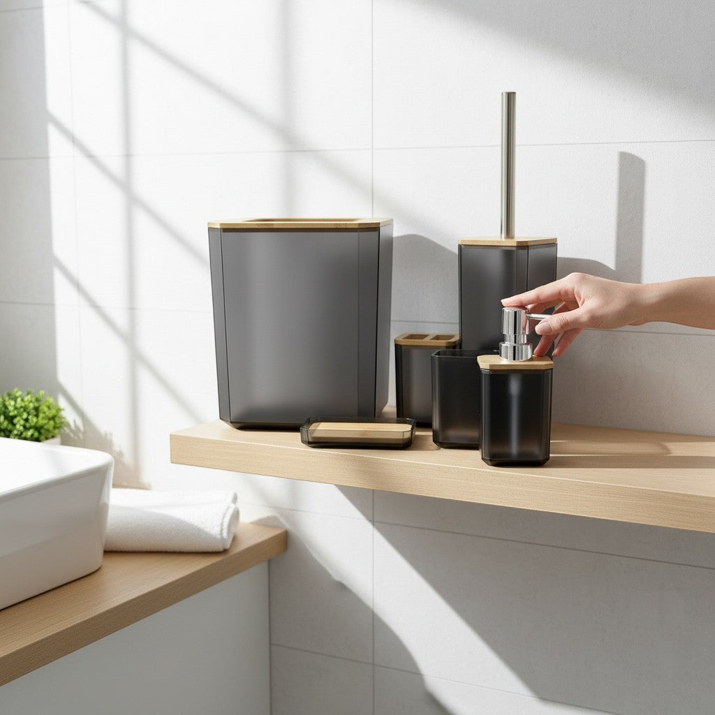 Home Appeal 6-piece modern bathroom set in dark grey with bamboo accents, including trash can, soap dispenser, toothbrush cups, toilet brush, and soap dish.