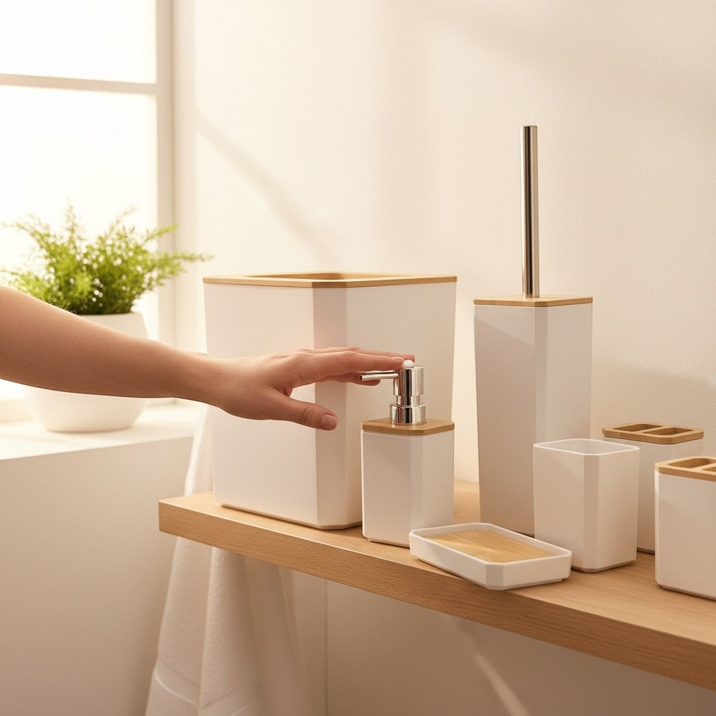 Home Appeal 6-piece white bathroom accessory set with bamboo accents, including a trash can, soap dispenser, toothbrush cups, toilet brush, and soap dish.