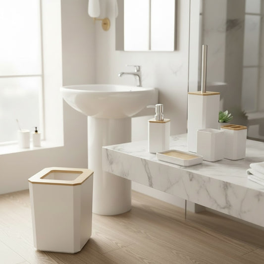 Home Appeal 6-piece white bathroom accessory set with bamboo accents, including trash can, soap dispenser, toothbrush cups, toilet brush, and soap dish.