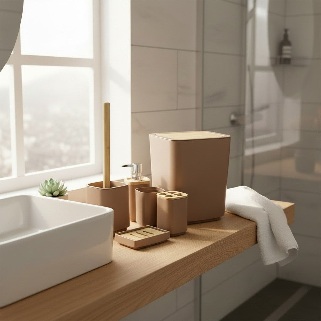 Home Appeal 6-piece beige bathroom accessory set including trash can, soap dispenser, toothbrush holder, soap dish, and toilet brush.