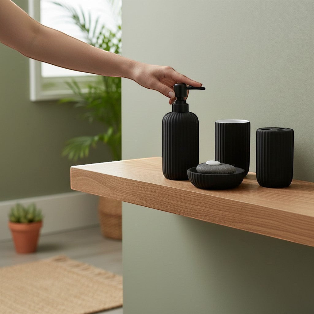 Home Appeal matte black ribbed bathroom accessory set including soap dispenser, toothbrush holder, cup, and soap dish.