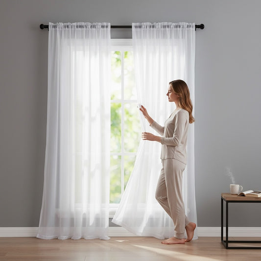 Home Appeal sheer white window curtain panels hanging in a room with a woman adjusting the fabric by a window.