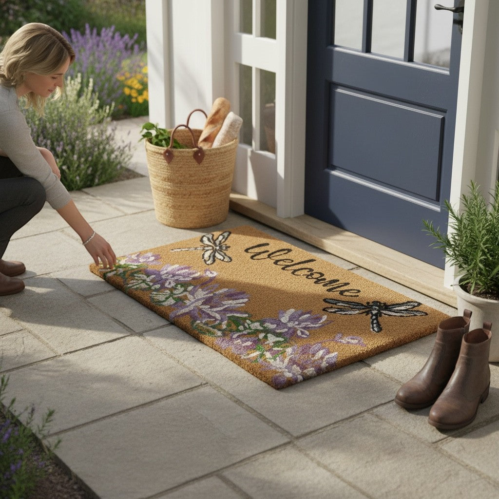 Home Appeal 30x18" coir welcome mat with purple flowers and dragonflies design.
