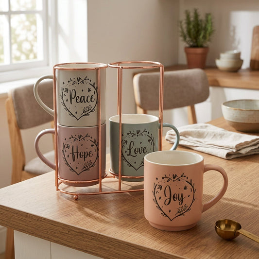 Home Appeal set of 4 pastel mugs with 'Peace', 'Hope', 'Love', and 'Joy' text designs, displayed on a copper stand.