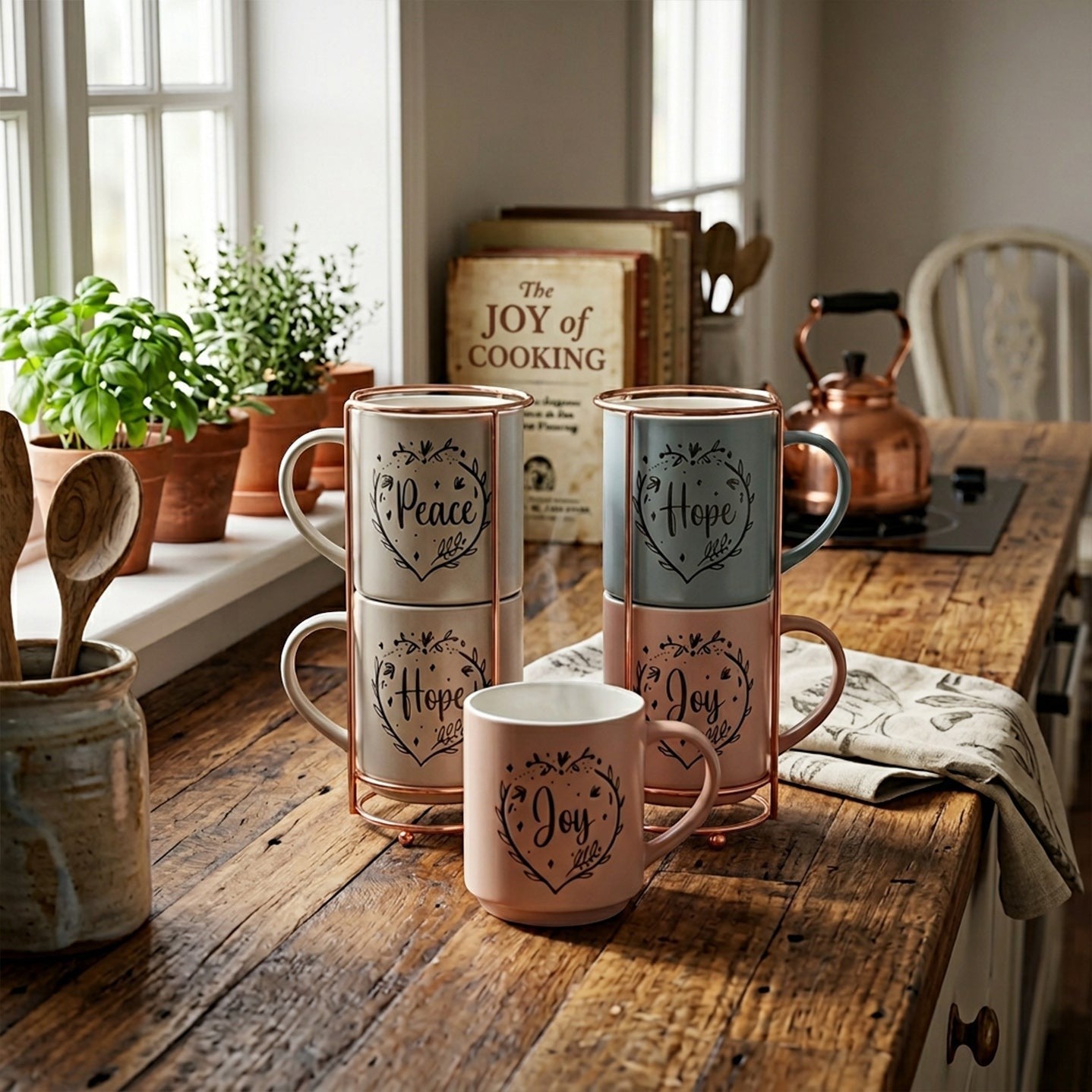 Home Appeal set of 4 ceramic mugs in pastel grey, blue, and pink, each with a heart wreath design and inspirational word. Mugs stack in copper stands.
