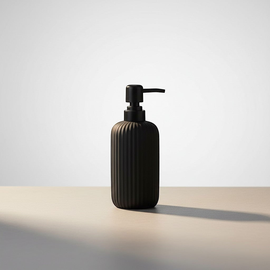 Home Appeal matte black ribbed soap dispenser with pump, modern bathroom accessory.