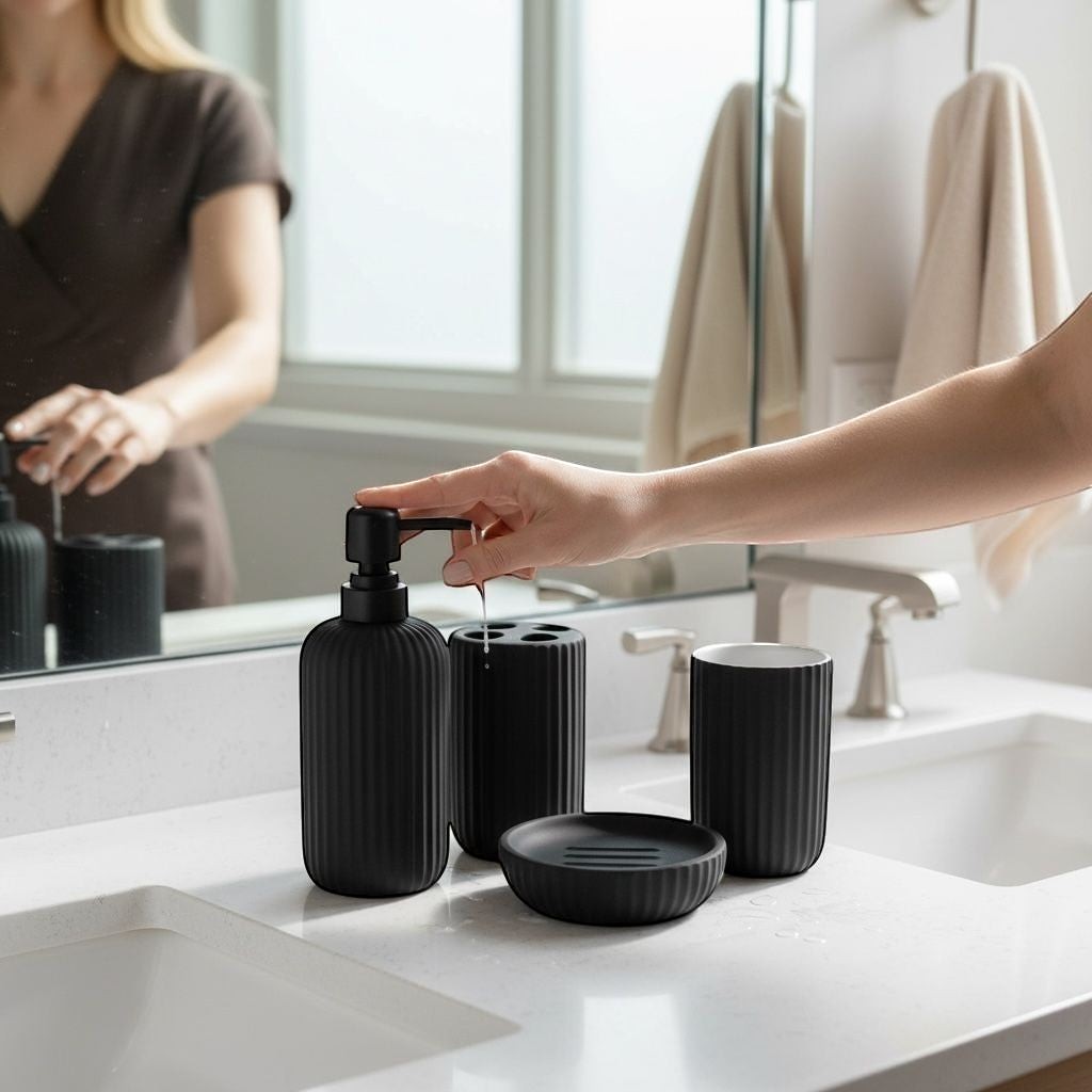 Home Appeal ribbed matte black bathroom accessory set including soap dispenser, toothbrush holder, cup, and soap dish.
